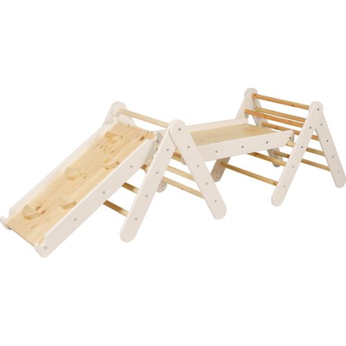 MEOWBABY Klettergerüst für Kinder - Indoor Set zwei Kletterdreiecke mit zwei Rutschen/Kletterwänden, Montessori Spielgeräte Pikler aus Holz, Weiß