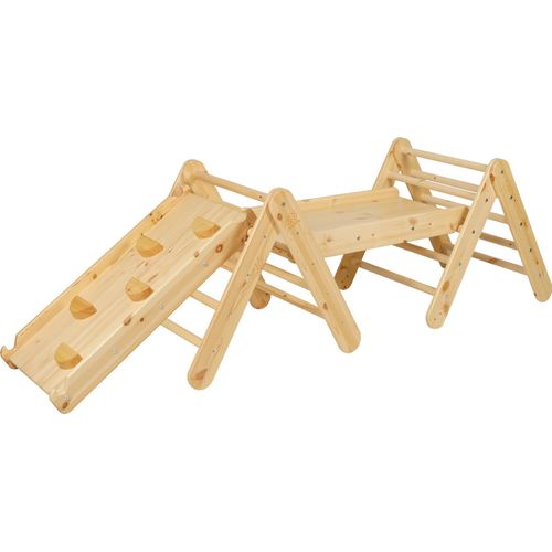 MEOWBABY Klettergerüst für Kinder - Indoor Set zwei Kletterdreiecke mit zwei Rutschen/Kletterwänden, Montessori Spielgeräte Pikler aus Holz, Natur
