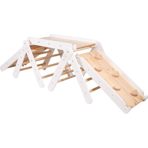 MEOWBABY Klettergerüst für Kinder - Indoor Set zwei Kletterdreiecke mit drei Rutschen/Kletterwänden, Montessori Spielgeräte Pikler aus Holz, Weiß