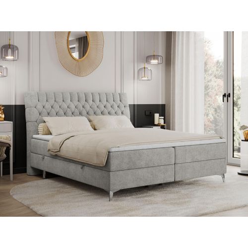 Boxspringbett 180x200 mit 2 Bettkästen Matratze und Topper, Polsterbett 180x200, Bett 180x200 - MILEN - 180x200 cm - Hellgrau - Struktur - H3