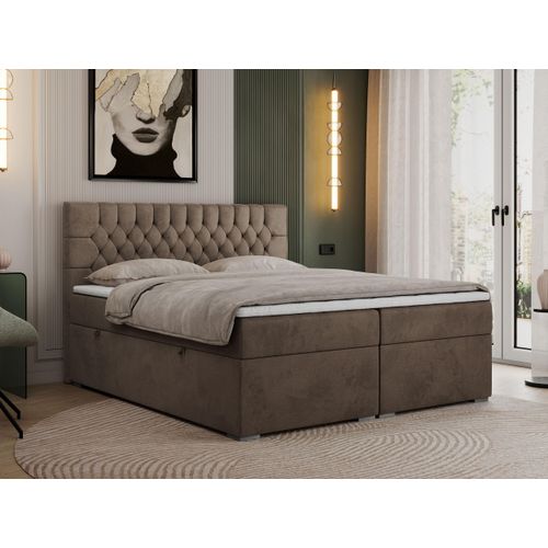 Boxspringbett 180x200 mit Matratze und Topper, Boxspringbett 180x200 mit Bettkasten und Kopfteil - PERA - 180x200 - Braun - Velvet - H4