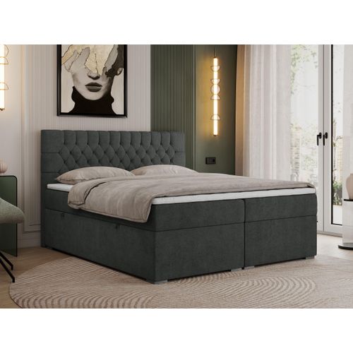 Boxspringbett 140x200 mit Matratze und Topper, Boxspringbett 140x200 mit Bettkasten und Kopfteil - PERA - 140x200 - Dunkelgrau - Struktur - H3