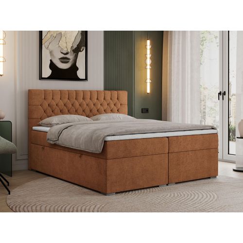 Boxspringbett 200x200 mit Matratze und Topper, Boxspringbett 200x200 mit Bettkasten und Kopfteil - PERA - 200x200 - Orange - Struktur - H4