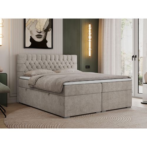 Boxspringbett 160x200 mit Matratze und Topper, Boxspringbett 160x200 mit Bettkasten und Kopfteil - PERA - 160x200 - Beige - Struktur - H3