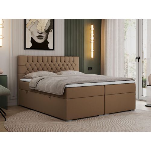 Boxspringbett 120x200 mit Matratze und Topper, Boxspringbett 120x200 mit Bettkasten und Kopfteil - PERA - 120x200 - Braun - Kunstleder - H3