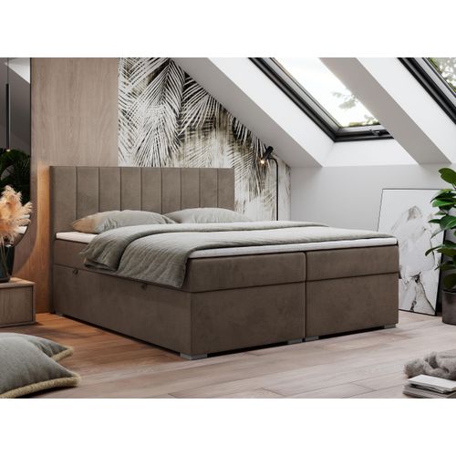Boxspringbett 160x200, Bett 160x200 mit Matratze und Topper, Boxspringbett mit Bettkästen, Doppelbett - LOPE - 160x200 - Braun - Velvet - H4