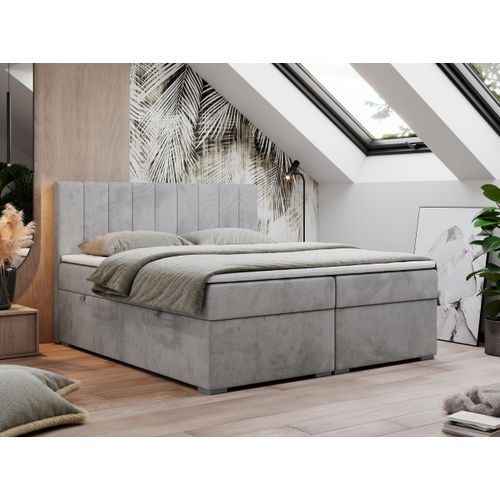 Boxspringbett 160x200, Bett 160x200 mit Matratze und Topper, Boxspringbett mit Bettkästen, Doppelbett - LOPE - 160x200 - Hellgrau - Velvet - H4
