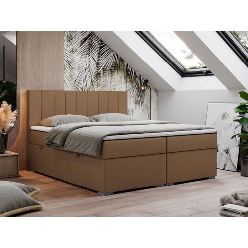 Boxspringbett 200x200, Bett 200x200 mit Matratze und Topper, Boxspringbett mit Bettkästen, Doppelbett - LOPE - 200x200 - Braun - Kunstleder - H4