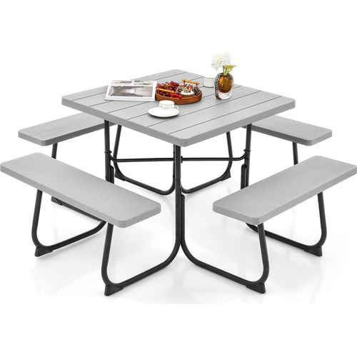 GOPLUS Picknicktisch Set, Gartenmöbel Set für 8 Personen, Sitzgruppe Outdoor inkl. 4 Bänke & 1 Campingtisch mit 4,8cm Schirmloch, Gartentisch Bierzeltgarnitur für Picknick Party (Grau)
