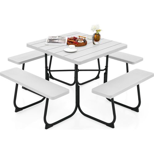 GOPLUS Picknicktisch Set, Gartenmöbel Set für 8 Personen, Sitzgruppe Outdoor inkl. 4 Bänke & 1 Campingtisch mit 4,8cm Schirmloch, Gartentisch Bierzeltgarnitur für Picknick Party (Weiß)