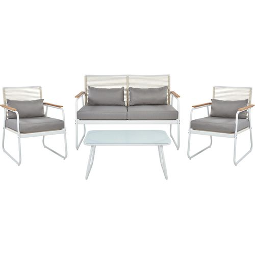 BELIANI Lounge Set Weiß aus Metall 4-Sitzer Auflagen Grau Gartentisch Gartensofa 2 Gartensessel Gartenmöbel Loungemöbel Outdoor