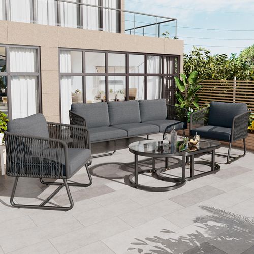 Gartenlounge-Set mit Rahmen aus verzinktem Eisen, Tischplatte aus glattem Glas, 5er-Set, grau