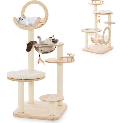 COSTWAY 4in1 Kratzbaum aus Holz mit Raumkapselnest, Sisalpfosten, hängendem Spielzeug & 4 wählbaren Formen, mehrstöckiger Kletterständer
