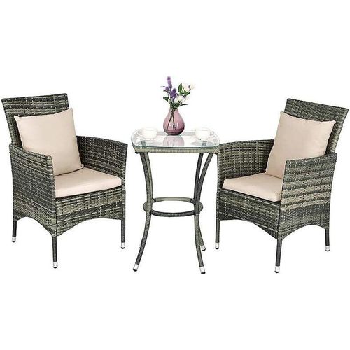 KOMFOTTEU 3 TLG. Rattanmöbel Set, Gartenmöbel mit 2 Stühlen & 1 Tisch aus Rattan, Sitzgarnitur mit Kissen und Glastischplatte