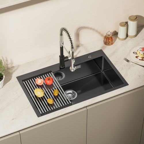 Edelstahl Küchenspüle 75 x 45 cm, große Einbauspüle, Küchenspülbecken für ab 80 cm Unterschrank, Edelstahlspüle, inkl. Ablaufgarnitur, Abtropfgestell geschirr - Schwarzgrau