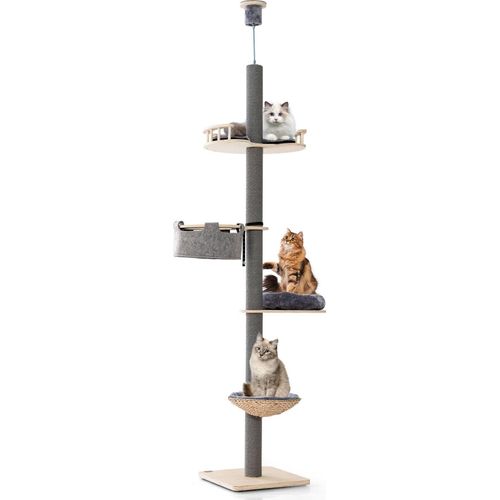 COSTWAY 5-stöckiger Kratzbaum 236-271cm, Katzenbaum deckenhoch, Kletterbaum mit Hängematte, Korb & Bett, Katzen Katzenmöbel Holz, Grau
