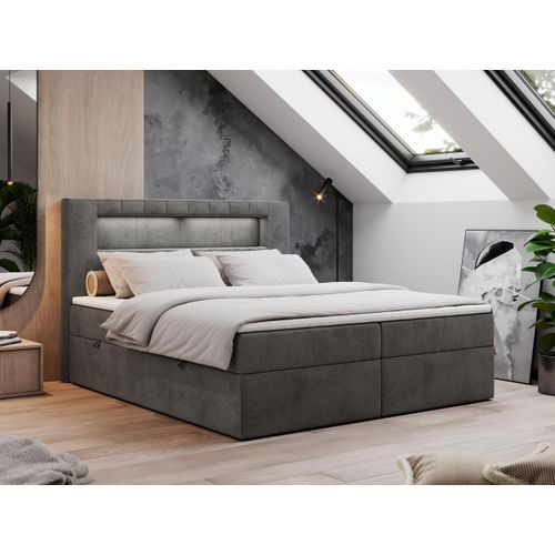 Boxspringbett 120x200 mit Led, Polsterbett mit LED Kopfteil - Multipocket-Matratze - Doppelbett - GOLD-5 - 120x200 - Dunkelgrau - Velvet - H4