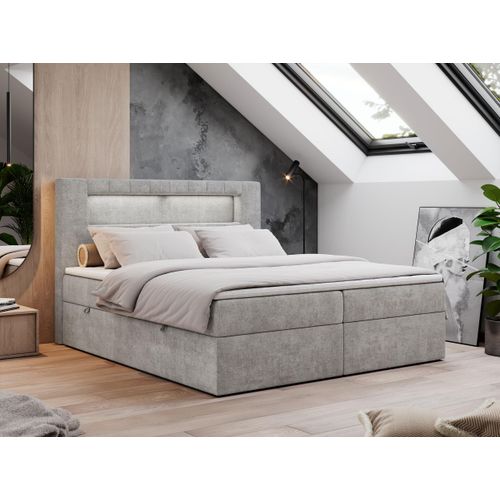 Boxspringbett 180x200 mit Led, Polsterbett mit LED Kopfteil - Multipocket-Matratze - Doppelbett - GOLD-5 - 180x200 - Hellgrau - Struktur - H4