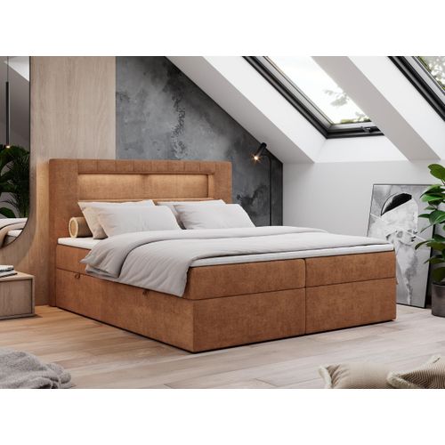 Boxspringbett 120x200 mit Led, Polsterbett mit LED Kopfteil - Multipocket-Matratze - Doppelbett - GOLD-5 - 120x200 - Orange - Struktur - H3