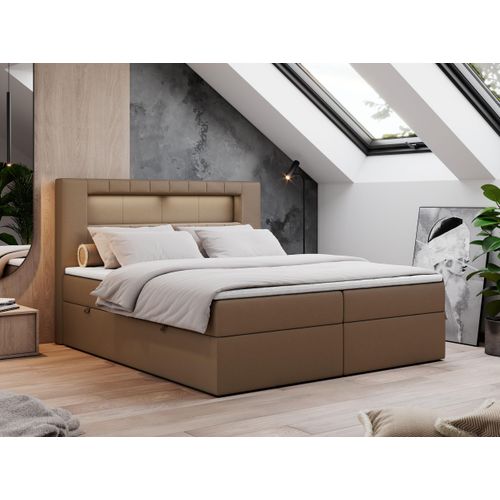 Boxspringbett 120x200 mit Led, Polsterbett mit LED Kopfteil - Multipocket-Matratze - Doppelbett - GOLD-5 - 120x200 - Braun - Kunstleder - H4