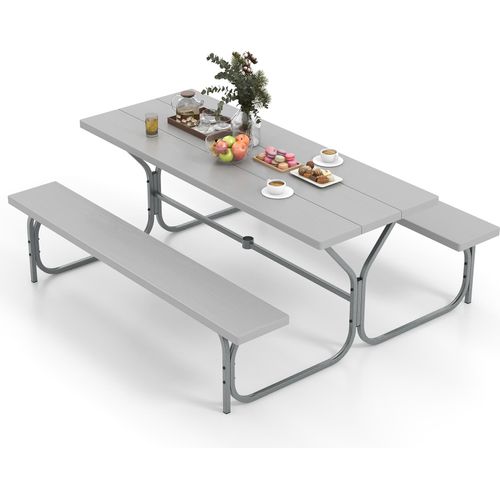 GOPLUS Picknicktisch Set, Campingtisch Biertisch für 6-8 Personen, Biertischgarnitur Outdoor inkl. 2 Bänke & 183cm lang Gartentisch mit 47mm Schirmloch, Bierzeltgarnitur für Picknick Party (Grau)