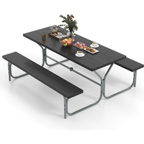 COSTWAY Bierzeltgarnitur 183cm für 6-8 Personen, Sitzgarnitur mit 2 Bänken, wetterfester HDPE-Tischplatte & Schirmloch, Biertisch Schwarz