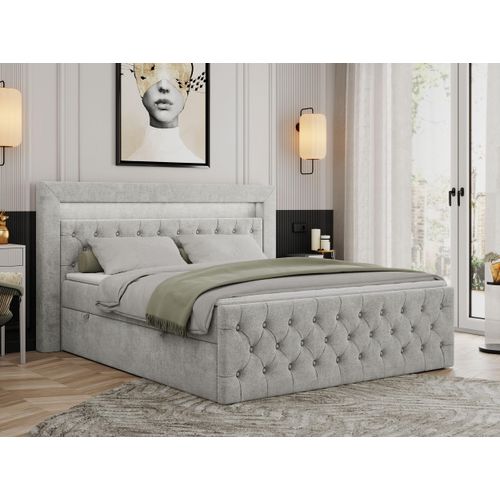 Boxspringbett 200x200 mit Led, Polsterbett 200x200 mit LED Kopfteil - Multipocket-Matratze H3 - Doppelbett mit Bettkasten Stauraumbet - GOLD-9 - 200x200cm - Strukture - Hellgrau - H3