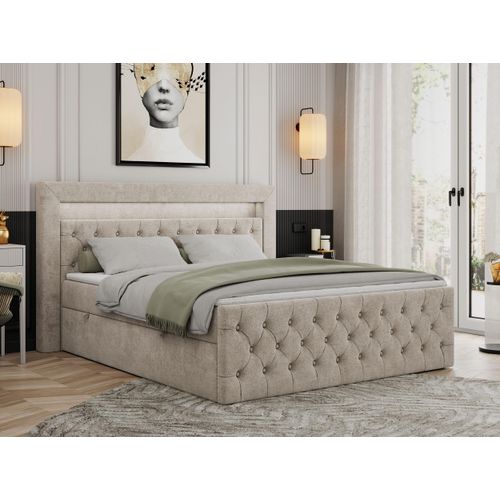 Boxspringbett 180x200 mit Led, Polsterbett 180x200 mit LED Kopfteil - Multipocket-Matratze H4 - Doppelbett mit Bettkasten Stauraumbet - GOLD-9 - 180x200cm - Strukture - Beige - H4