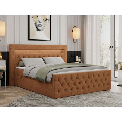 Boxspringbett 160x200 mit Led, Polsterbett 160x200 mit LED Kopfteil - Multipocket-Matratze H3 - Doppelbett mit Bettkasten Stauraumbet - GOLD-9 - 160x200cm - Strukture - Orange - H3