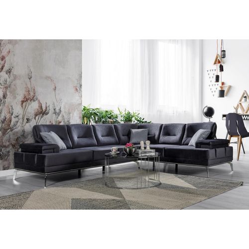 Schwarz Polstercouch Edelstahl Ecksofa Moderne Wohnzimmer Möbel JVmoebel