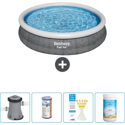 Bestway runder aufblasbarer Fast-Set-Pool – Rattan-Druck – 366 x 76 cm – inklusive Pumpe Filter - Teststreifen - Chlor