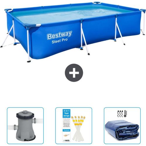 Bestway rechteckiger Steel Pro-Schwimmbecken – 300 x 201 x 66 cm – Blau – im Lieferumfang enthalten Pumpe - Teststreifen - Sonnensegel