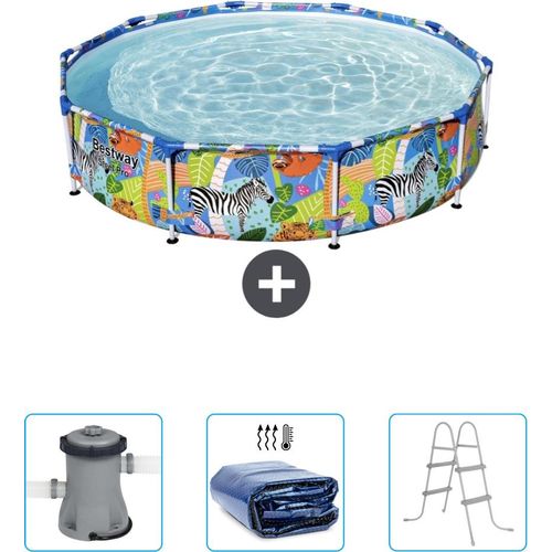 Bestway Round Steel Pro-Schwimmbecken – 305 x 66 cm – Dschungel-Druck – im Lieferumfang enthalten Pumpe - Sonnensegel - Leiter