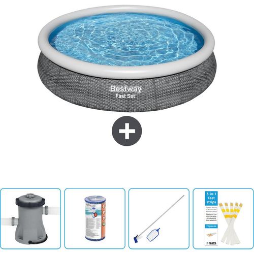 Bestway runder aufblasbarer Fast-Set-Pool – Rattan-Druck – 366 x 76 cm – inklusive Pumpe Filter - Reinigungskit - Teststreifen