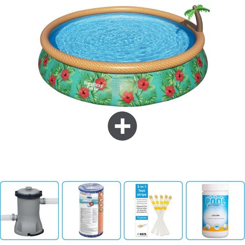 Bestway runder aufblasbarer Fast-Set-Schwimmpool – Paradise Print – 457 x 84 cm – inklusive Pumpe Filter - Teststreifen - Chlor