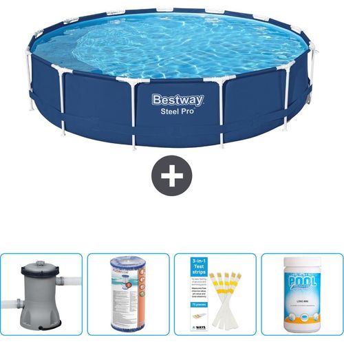 Bestway Round Steel Pro Swimmingpool – 396 x 84 cm – Blau – inklusive Pumpe Filter - Teststreifen - Chlor