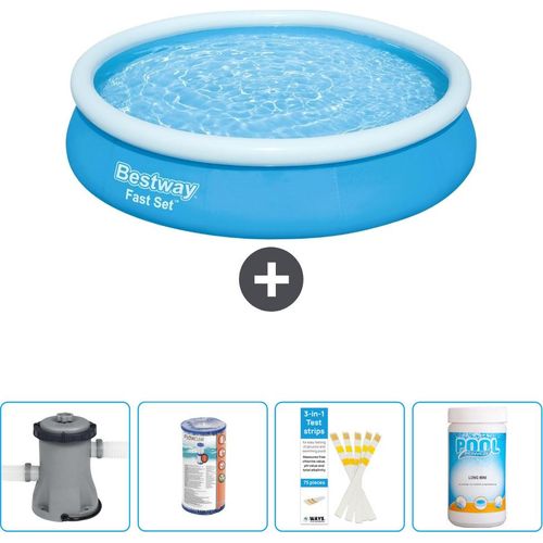 Bestway runder aufblasbarer Fast-Set-Schwimmpool – 366 x 76 cm – Blau – inklusive Pumpe Filter - Teststreifen - Chlor
