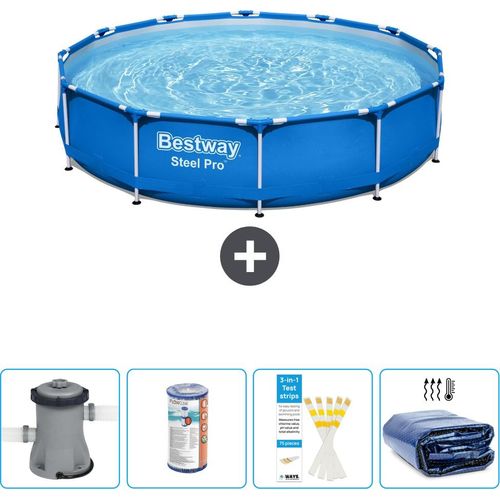 Bestway Round Steel Pro Swimmingpool – 366 x 76 cm – Blau – inklusive Pumpe Filter - Teststreifen - Sonnensegel