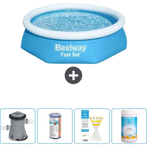 Bestway runder aufblasbarer Fast-Set-Schwimmpool – 244 x 61 cm – Blau – inklusive Pumpe Filter - Teststreifen - Chlor