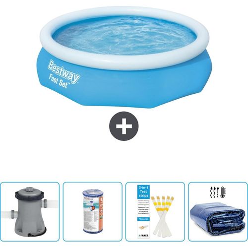 Bestway runder aufblasbarer Fast-Set-Schwimmpool – 305 x 76 cm – Blau – inklusive Pumpe Filter - Teststreifen - Sonnensegel
