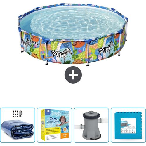 Bestway Round Steel Pro-Schwimmbecken – 305 x 66 cm – Dschungel-Druck – im Lieferumfang enthalten Sonnensegel - Wartungspaket - Pumpe - Bodenfliesen