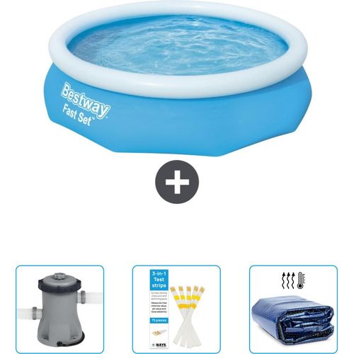 Bestway runder aufblasbarer Fast-Set-Pool – 305 x 76 cm – Blau – im Lieferumfang enthalten Pumpe - Teststreifen - Sonnensegel