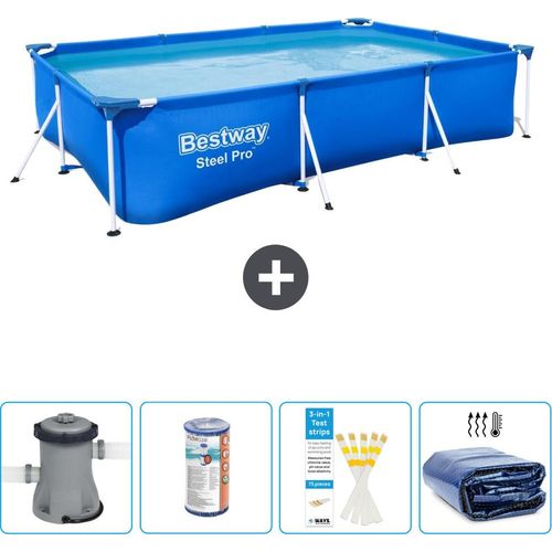 Bestway Rectangular Steel Pro Swimmingpool – 300 x 201 x 66 cm – Blau – inklusive Pumpe Filter - Teststreifen - Sonnensegel