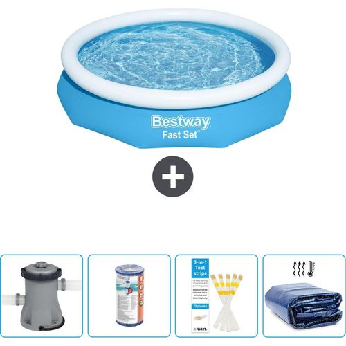 Bestway runder aufblasbarer Fast-Set-Schwimmpool – 305 x 66 cm – Blau – inklusive Pumpe Filter - Teststreifen - Sonnensegel