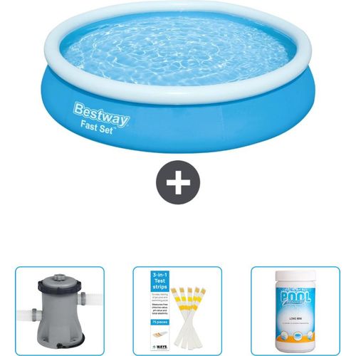 Bestway runder aufblasbarer Fast-Set-Pool – 366 x 76 cm – Blau – im Lieferumfang enthalten Pumpe - Teststreifen - Chlor