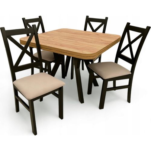 Set aus 4 Stühlen + Klapptisch Zaowal 100x100/200 cm Eiche Craft + Beige