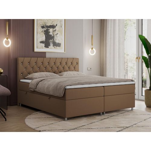 Boxspringbett 120x200 mit Bettkasten, Boxspringbett 120x200 mit Matratze, Doppelbett mit Matratze und Topper - Polsterbett mit Kopfteil - ROMA - 120x200 - Braun - Kunstleder - H3