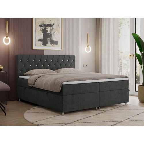 Boxspringbett 180x200 mit Bettkasten, Boxspringbett 180x200 mit Matratze, Doppelbett mit Matratze und Topper - Polsterbett mit Kopfteil - ROMA - 180x200 - Dunkelgrau - Struktur - H3