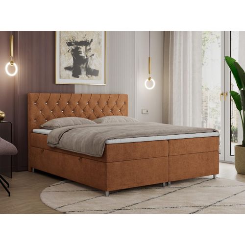 Boxspringbett 120x200 mit Bettkasten, Boxspringbett 120x200 mit Matratze, Doppelbett mit Matratze und Topper - Polsterbett mit Kopfteil - ROMA - 120x200 - Orange - Struktur - H4