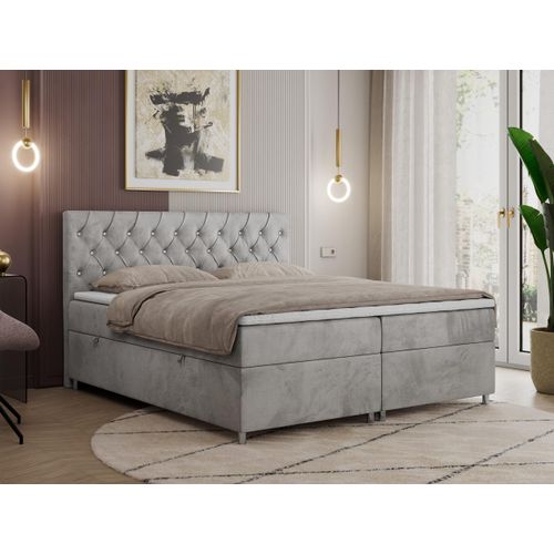 Boxspringbett 120x200 mit Bettkasten, Boxspringbett 120x200 mit Matratze, Doppelbett mit Matratze und Topper - Polsterbett mit Kopfteil - ROMA - 120x200 - Hellgrau - Velvet - H4